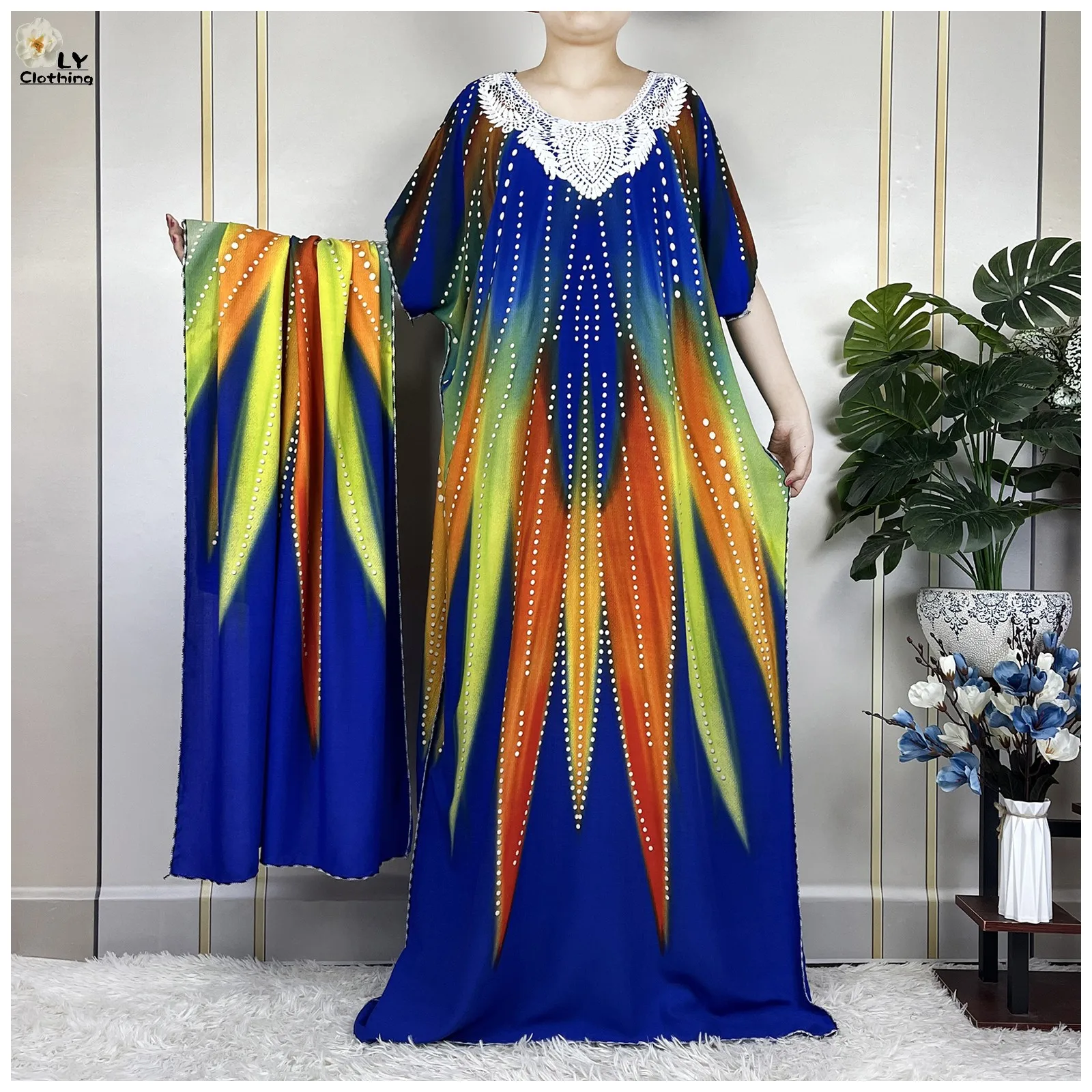 

New Dubai Printing Cotton Loose Woman Dresse With Big Scarf African Dashiki Maxi Lady Summer Short Sleeve Islam Casual Vestidos