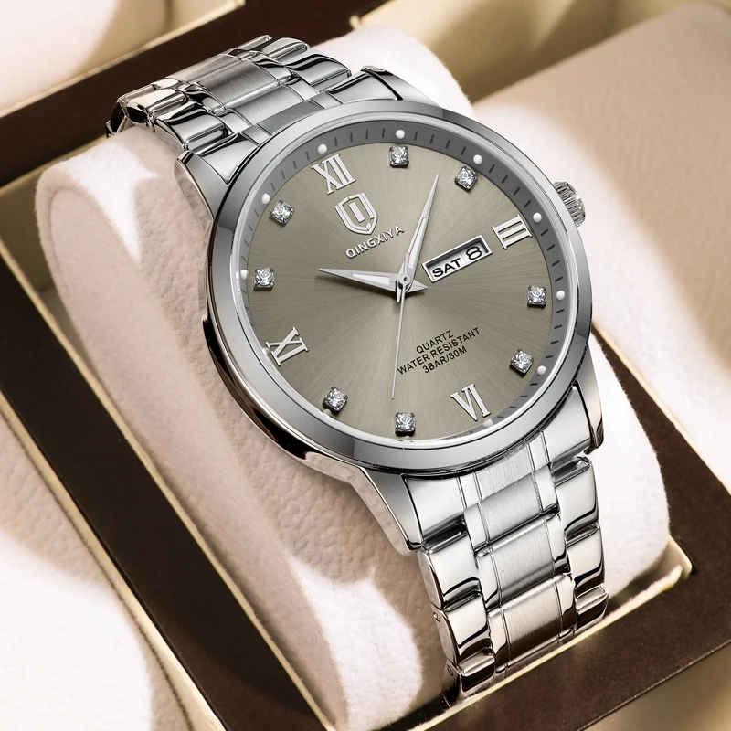 QINGXIYA Brand 2024 Luxury Quartz Watch for Men Stainless Steel Waterproof Luminous Week Date Mens Watches Relogio Masculino