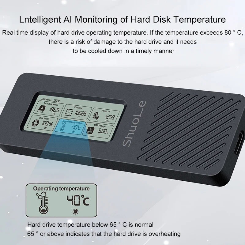 External Hard Drive Box UTHAI M.2 Hard Drive Box NVME/NGFF Dual Protocol Solid State Mobile Hard Drive Box Intelligent Digital Display Monitoring