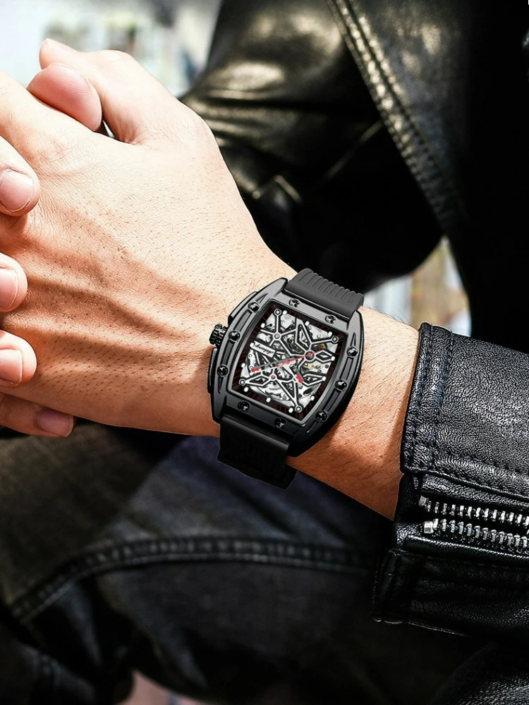 AILANG Herren Automatik-Mechanische Uhr - Tonneau Skelett-Zifferblatt 3ATM Wasserdicht Herrenuhr Leuchtende Gummiarmband Armbanduhr – Detail 11
