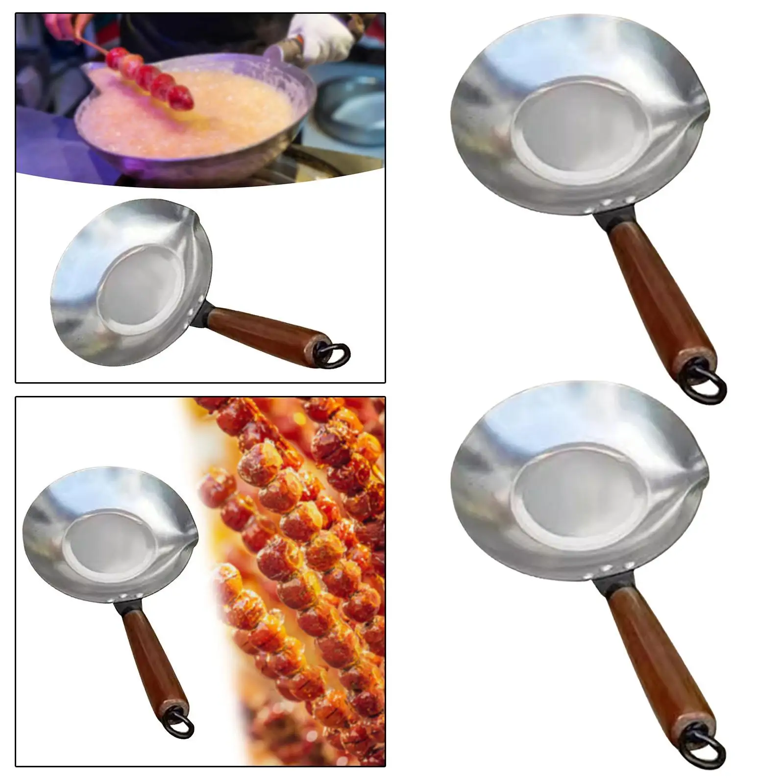 Sugar Pan Wok with Pour Spout with Wooden Handle Sugar Dipping Pan for Chocolate Cooking Tanghulu Making Candied Haws Snacks