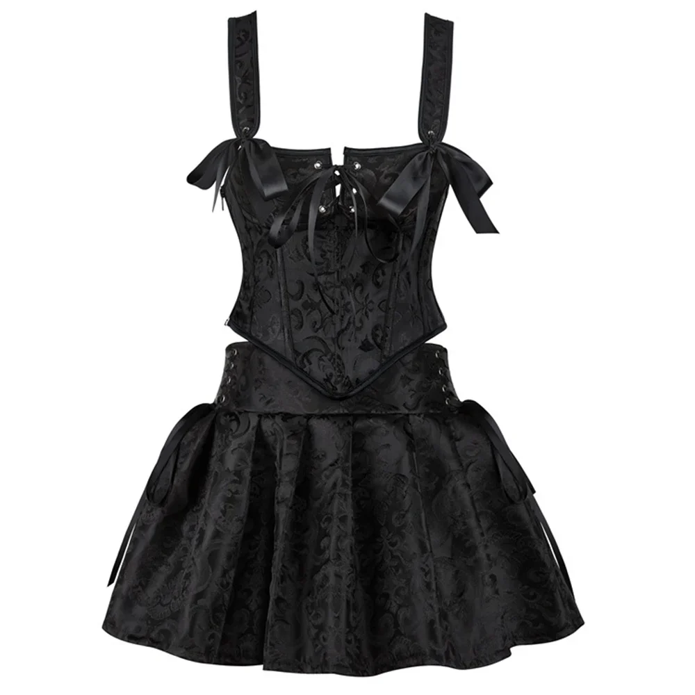 

Women's Black Jacquard Lace Up Corset Dress Set Casual Bustier Crop Top Camis With Tutu Mini Skirt