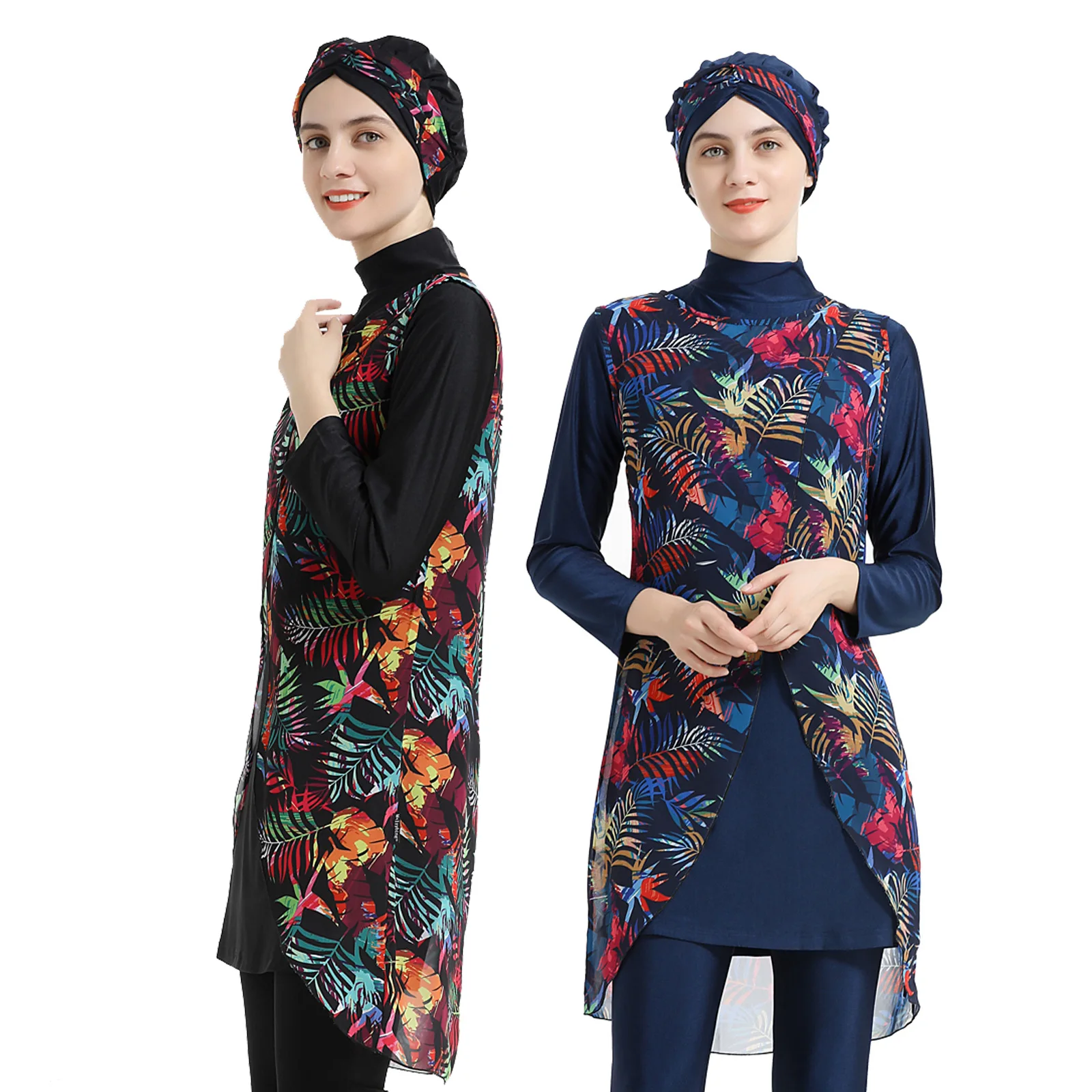 4PCS/Set Swimwear Floral Muslim Swimming Suit for Women Burkini with Pareo Printing Four-piece Swimsuits Borkini Femme Musulmane