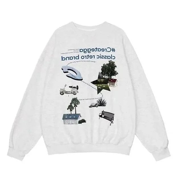 Autumn Y2K Vintage Grey Print Sweatshirts For Men 2024 New Oversized Crewneck Pullover Hoodies High Street Sudaredaras Hombre 2