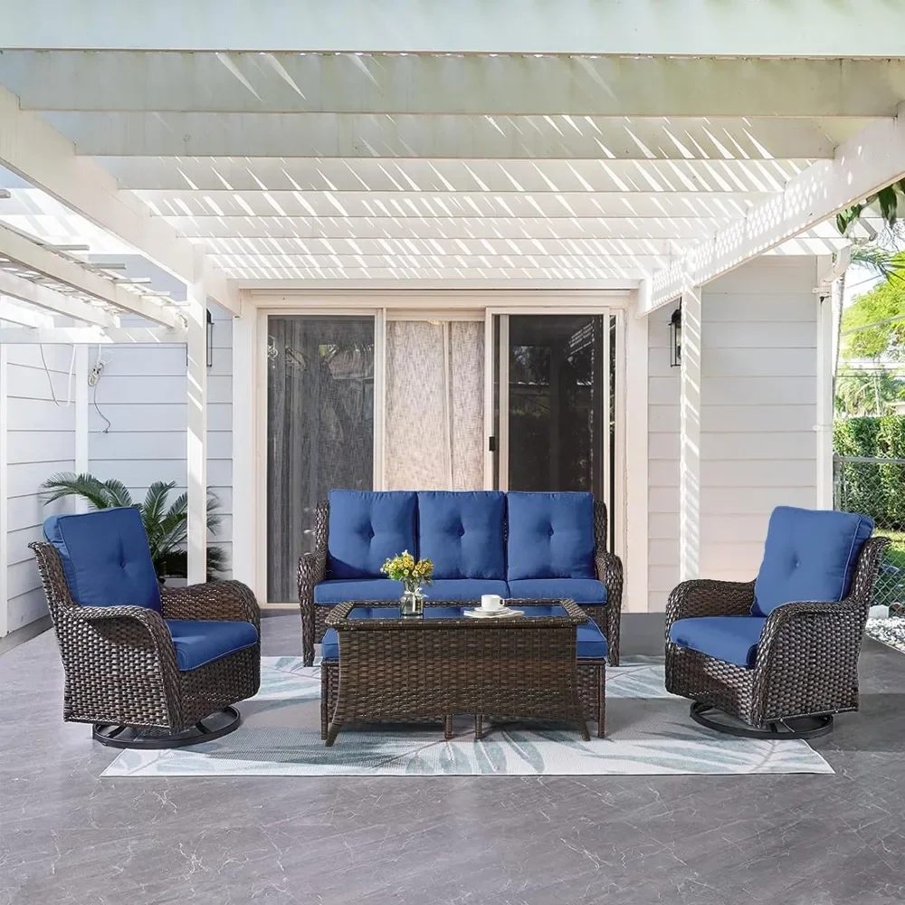Wicker Outdoor Furniture Patio Furniture Set, Rattan Sofa, Ottomans and Coffee Table, 6 Piece Patio Conversation Set
