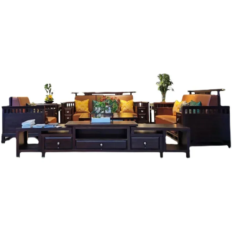 

New Chinese Style Solid Wood Sofa Combination Zen Ugyen Wood Leather Villa Large and Small Apartment Type sofas for living room