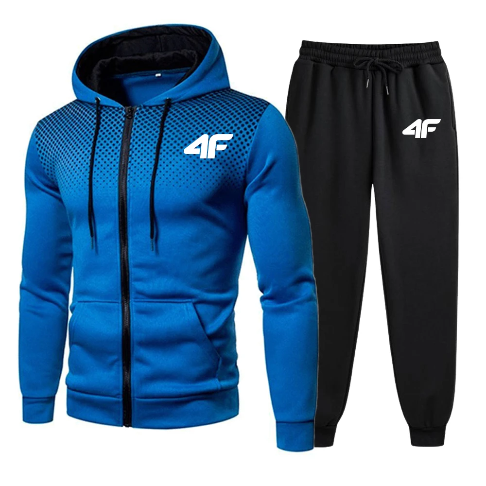 Tracksuit set men's print casual round dot zipper jacket + jogging sweatpants 2 piece set daily hooded sweatshirt