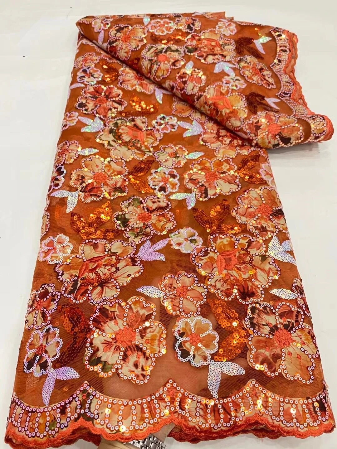 

High Quality Latest 2023 African Nigerian Embroidery Sequins Tulle Lace Fabric Sewing Guipure Prom Dresses Beads 5Yards DP0044
