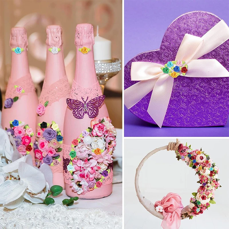 50Pcs 미니 장미 꽃 새틴 리본 인공 직물 꽃 결혼식 신부 샤워에 대 한 녹색 잎 DIY 공예 화 환 장식