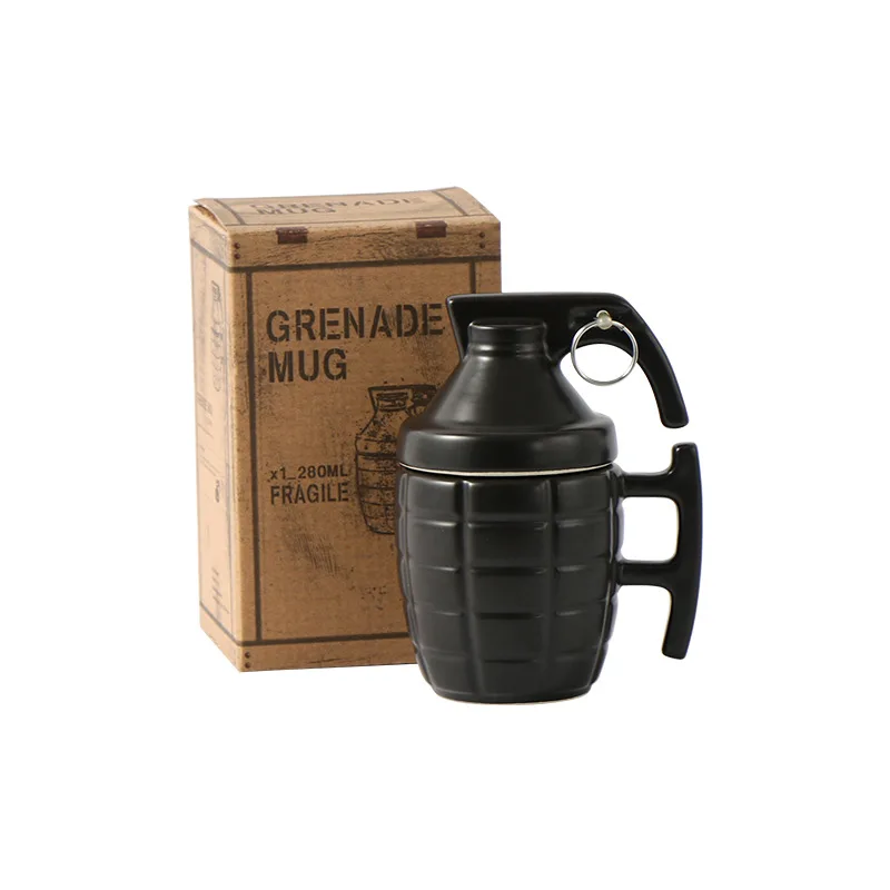 Tazza A Forma Di Granata 350ml, Tazza Originale In Ceramica Con Coperchio Per Caffè E Tè, Idea Regalo Divertente Per Papà, Militari E Collezionisti, Nero Opaco