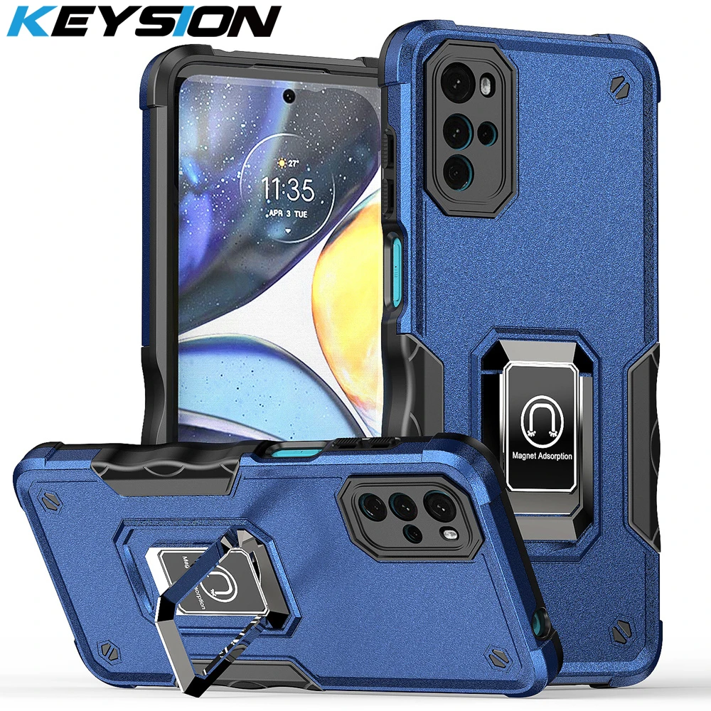 KEYSION Stoßfeste Rüstungshülle für Motorola Moto G22 Silikon + PC-Ringständer Telefonrückseite für Motorola MOTO G22_voghion.com