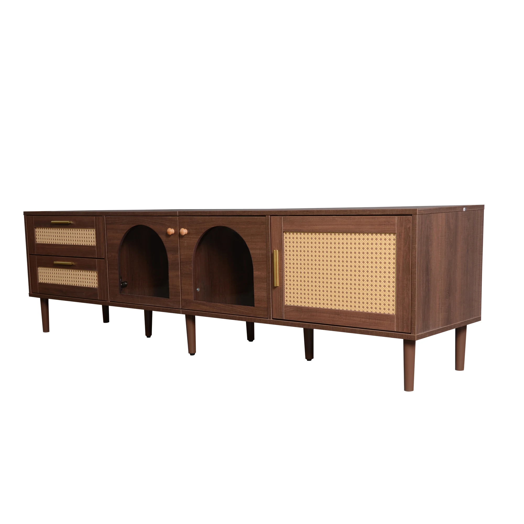 KOMHTOM TV-Schrank 180 cm Für 80-Zoll-Fernseher mit 2 Rattan-Schubladen, 2 gewölbten Glastüren und 1 Rattan-Tür, LED-Beleuchtung – Detail 9
