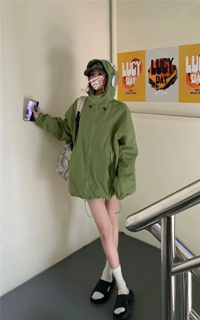 American Green Windproof Jacket Women's Sprinter Autumn 2023 New Hooded Coat Loose Mid Length Long Sleeved Jacket