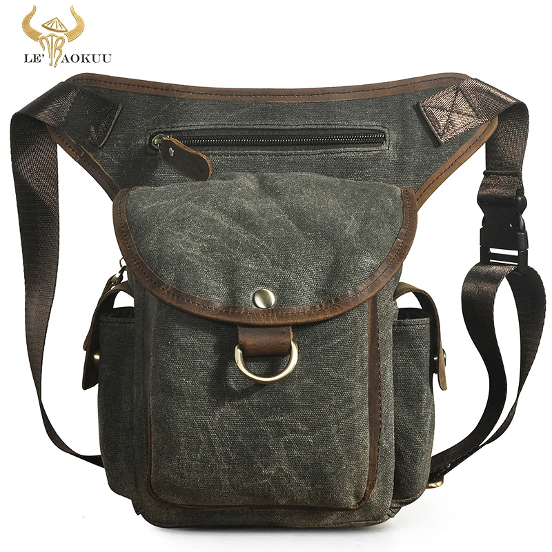 

Canvas+Natural Leather 8" Tablet Small Sling Bag Multi-function Travel Fanny Waist Belt Pack Leg Thigh Bag For Men Male 9938