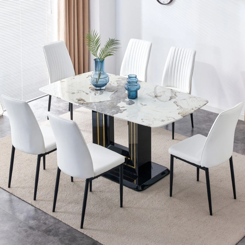 

7 Pieces Luxury Dinning Table Set Elegant Rectangular Dining Sets Minimalist Breakfast Nook Dining Table Set Home Furniture