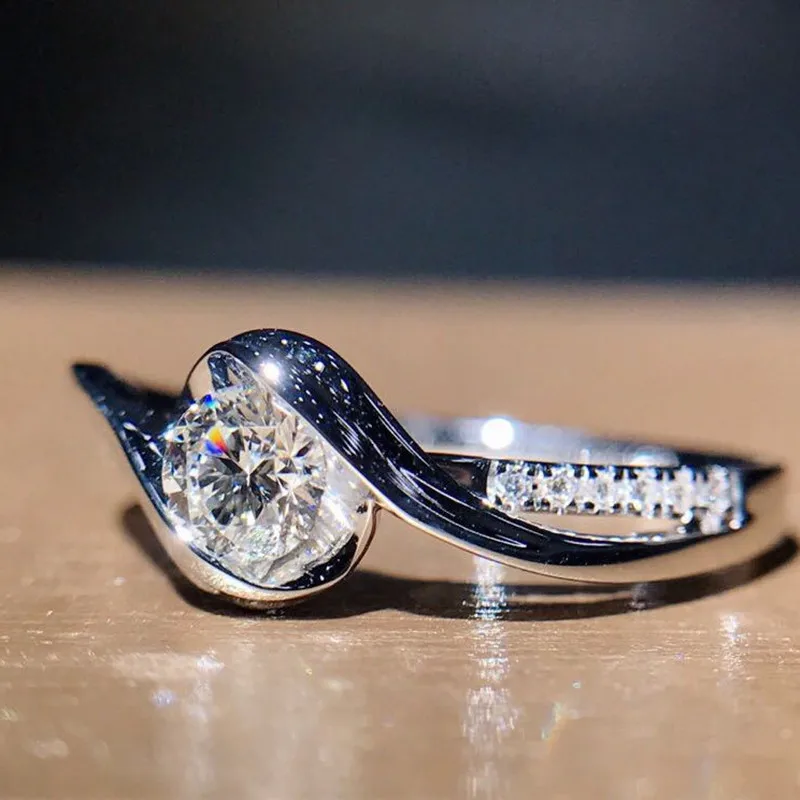 Elegant Promise Ring 925 Sterling Silver Solitaire Zircon Surround Silky Engagement Wedding Jewelry Bridal - 4