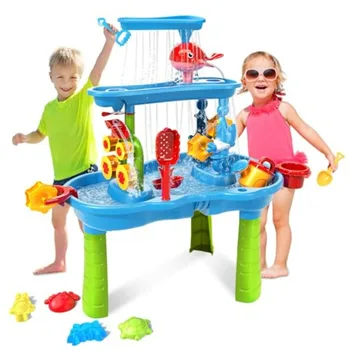 Water Table for Toddlers 3-5 3-Tier Outdoor Water Table Toys with Rain Showers Splash Pond, Sensory Play Table in Blue Plastic 1