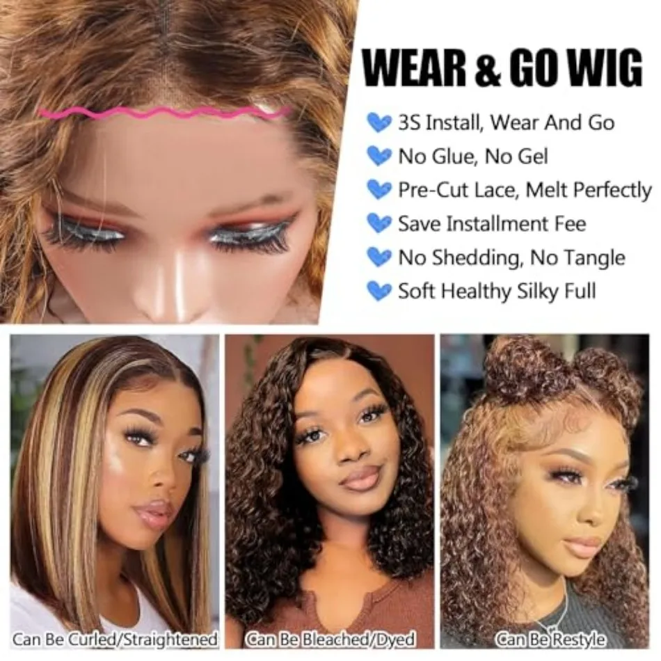Deep Wave Bob Wig Human Hair Glueless Highlight 5x5 HD Lace Front 220% Density 4/27 Colored Ombre Wear and Go Human Hair Wigs 5