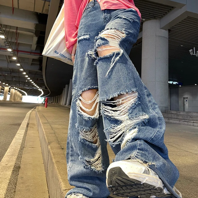 Y2K Summer High Street Jean Streetwear Straight Pants Ladies Ripped Jeans  High Waist Loose Wide Leg Pants Ladies Jeans - AliExpress