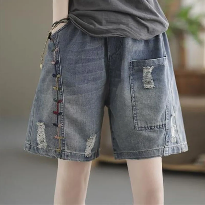 Trend Summer Fashion Pockets Patchwork Denim Shorts Female Casual Vintage Elastic High Waist Wide Leg Shorts Women's Clothing