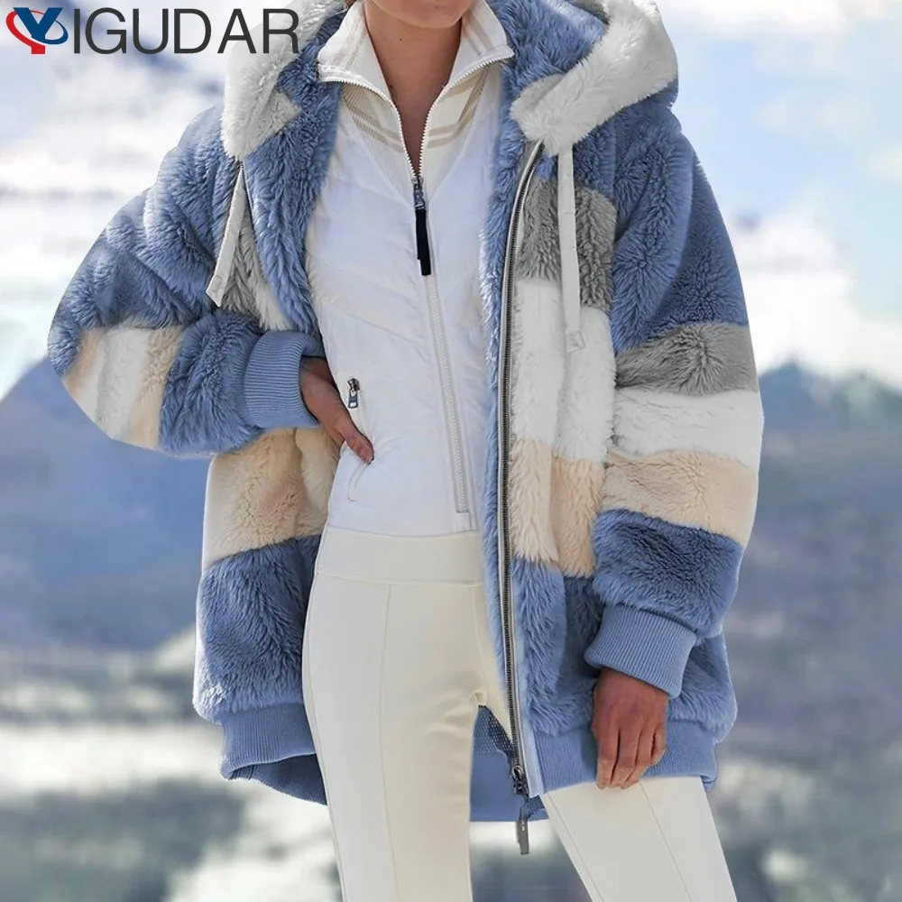 

2023 Plush Coat Warm Warm Zipper Pocket Patchwork Fur Coat Zipper Plush Hooded Cardigan Loose Jacket Overcoat womens clothing