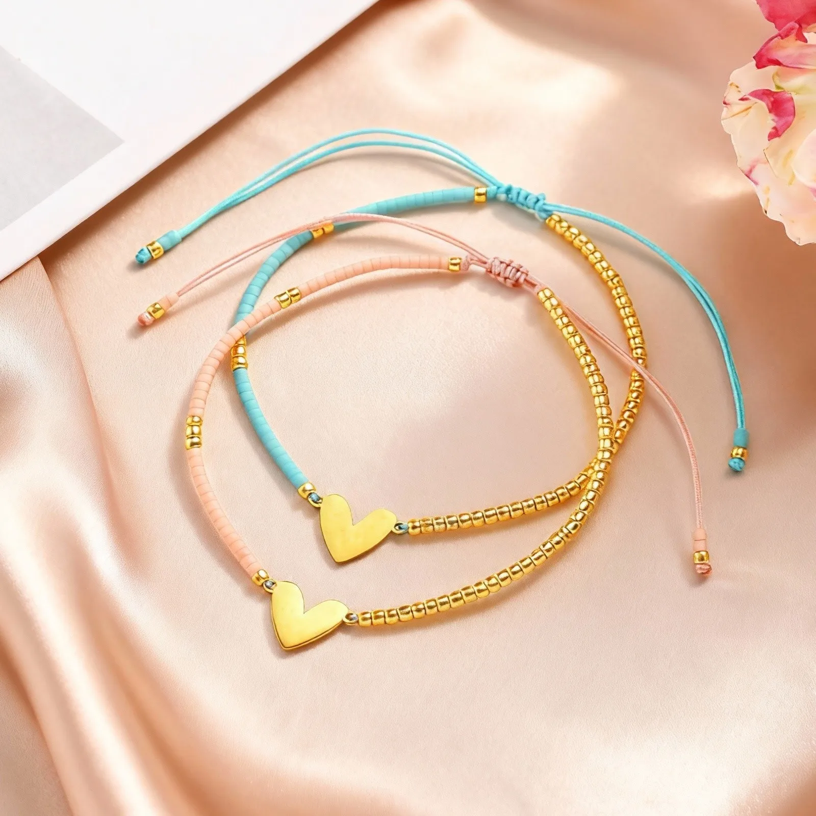 Einfaches klassisches Herz-Charm-Armband aus Edelstahl, bunte Perlen, verstellbares gewebtes Seil-Armband für Frauen, Schmuck, Geschenk