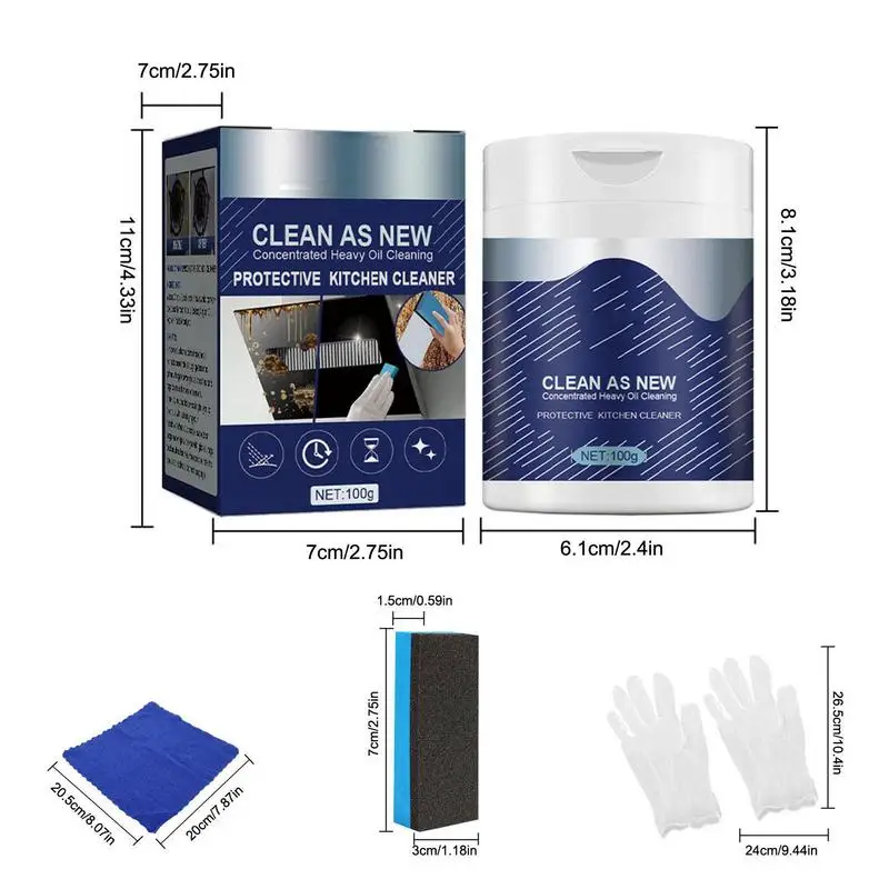 100g Powderful Kitchen Cleaner Heavy Duty Degreaser Cleaner Kitchen Ware Household Cleaning Agent Includes Gloves Brush And Wipe
