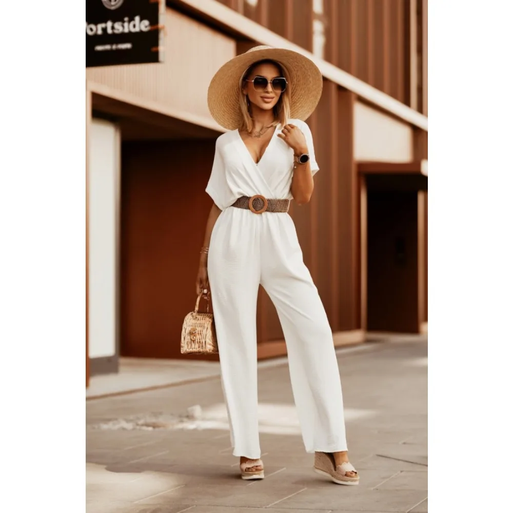 

Summer Casual Jumpsuit Women Solid Bat Sleeves Belt One Pieces Straight Pants Sexy V Neck Long Jumpsuits Female Elegant Overalls