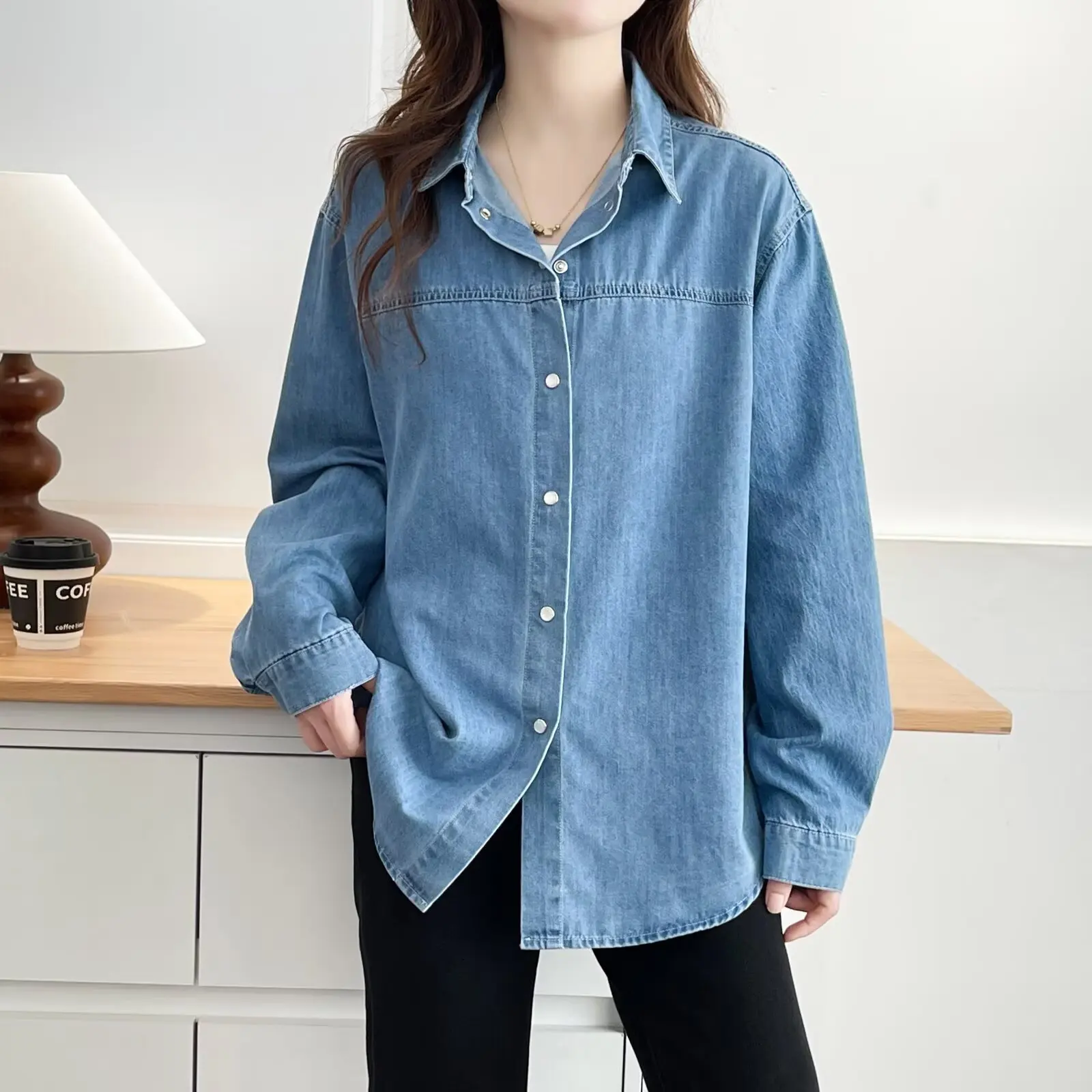 Fashion Plus Size Women's Blouses New Autumn Style Classic And Versatile Long Sleeve Pure Cotton Washed Denim Shirt 017
