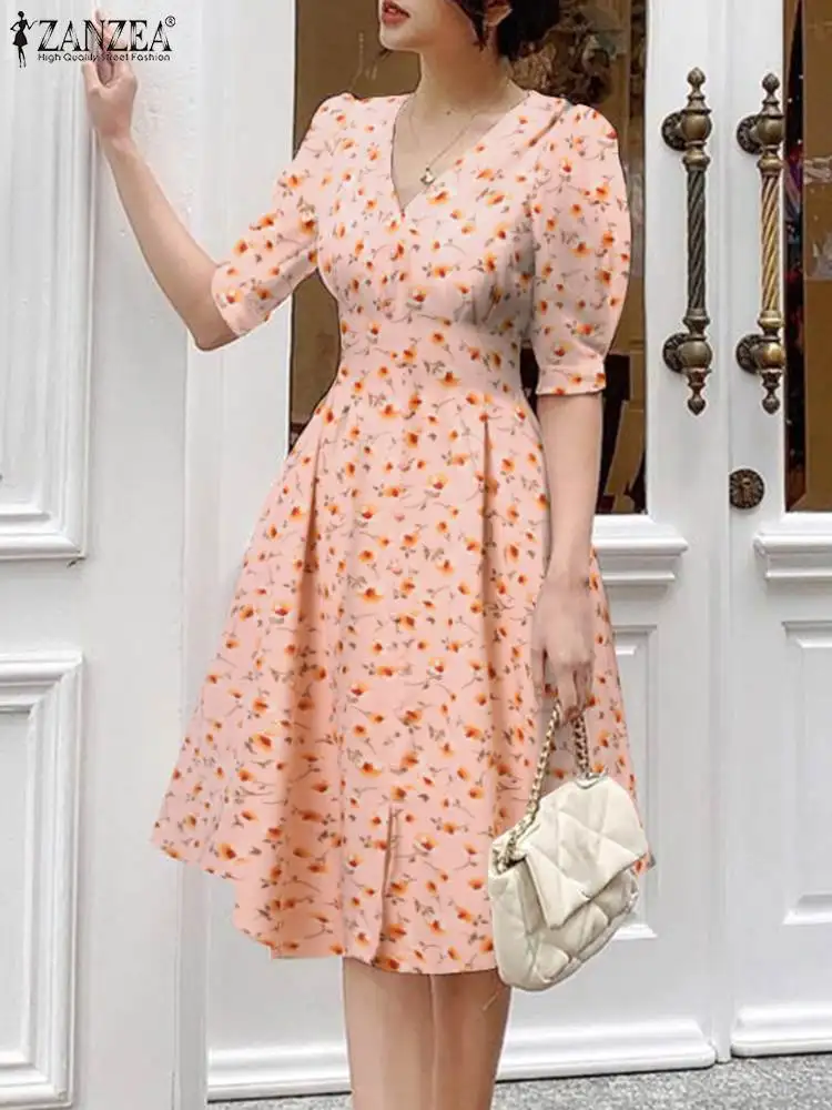

ZANZEA Summer V Neck Short Robes Half Sleeve Vintage Dress Elegant Floral Print Vestidos Women Party Tie Waist Knee-length Dress