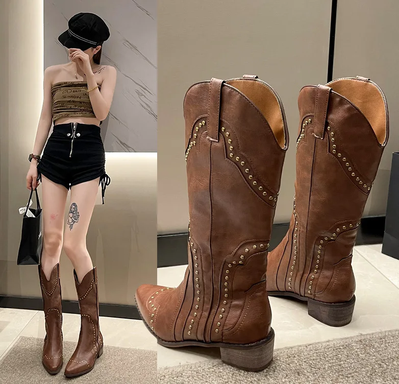 

Woman Flat Boots Chelsea Sexy Thigh High Heels High Sexy Rivets Shoes Boots-Women Luxury Designer Low Mid Calf Over-the-Knee Co