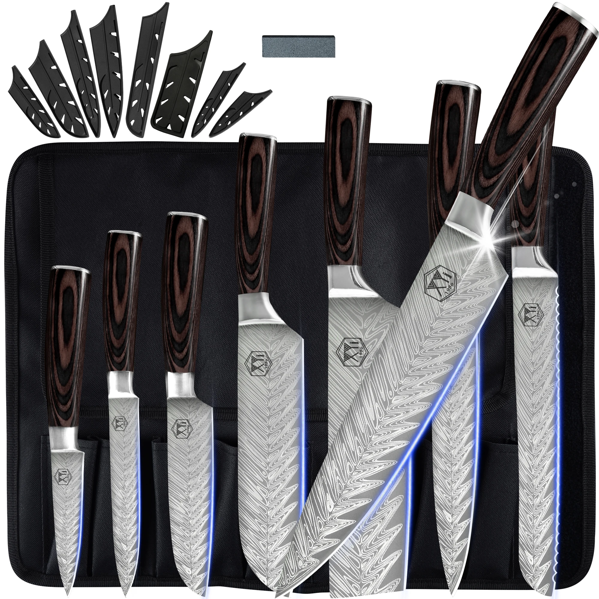 

XYj Japanese Kitchen Knife Set Laser Damascus Pattern 8" 7" 5" 3.5" Chef Knives Set With Carry Bag & Sheath 8 Pieces Knife Tool