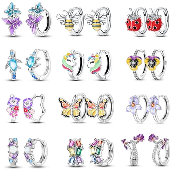 100% 925 Sterling Silver Colorful Butterfly Bee Ladybug Rainbow Flower Earrings For Women Fashion Birthday Party Jewelry Gifts