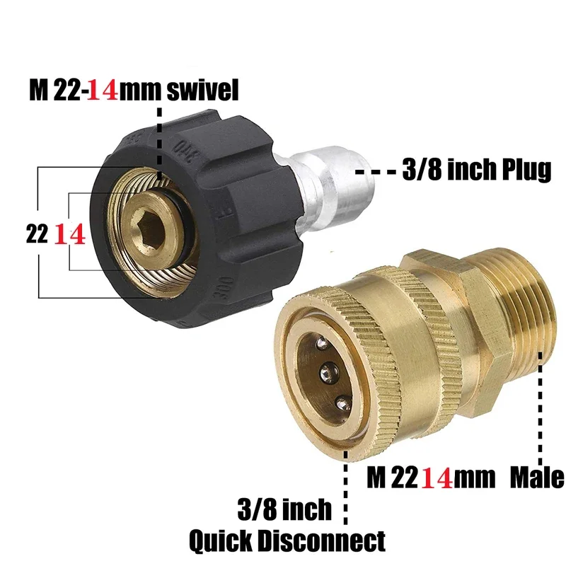 

Pressure Washer Adapter Set Quick Connect Kit Metric M22 14Mm to 3/8 inch Female Swivel To M22 Male Fitting 5000 Psi