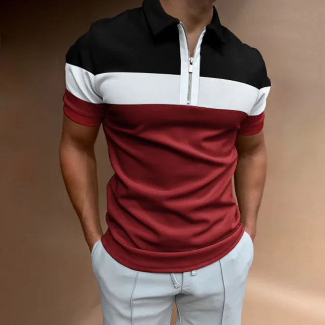 2022 New Style High Quality Men Polo Shirts Casual Patchwork Homme Polo Shirt Short Sleeve Turn-Down Zipper Collar Polo L-03