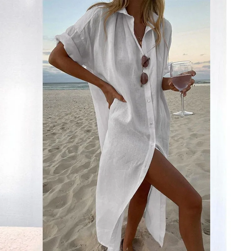 

Women's Summer New 2023 Korean Fashion Long-sleeved Retro Robe Loose Casual Street Long Dress Long Cotton Linen Shirt Dress