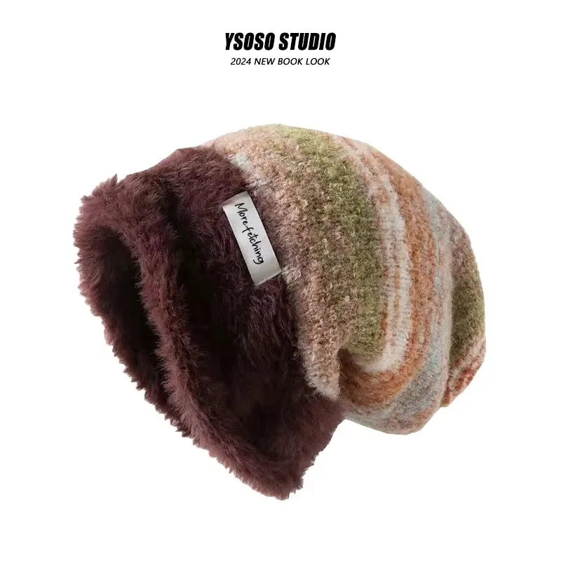 Japanese Color Blocked Pullover Hat Soft Warm Versatile Autumn And Winter Plush Cold Personalized Pile