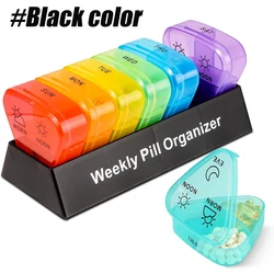 Compact Travel Pill Organizer with 7 Daily Compartments for Vitamins, Supplements, and Medications (Black Colorful)