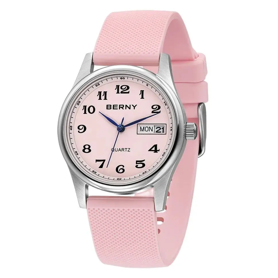 

BERNY Ladies Watch Calendar Weeks Quartz Wristwatch Arabic Easy Read Dial Waterproof Stainless Steel Miyota 2034 Silicone Watch