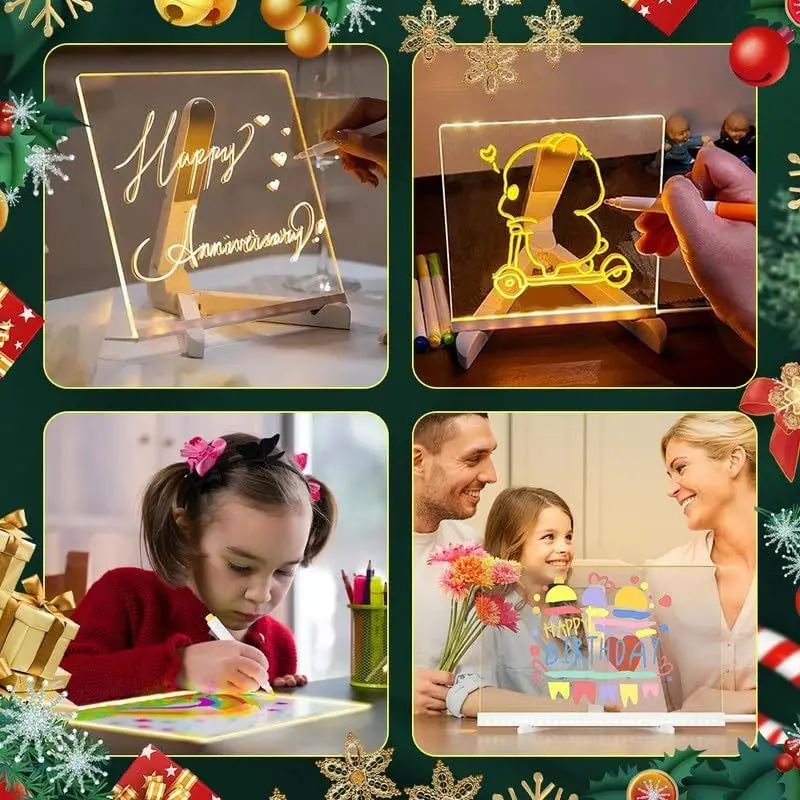 Lavagna trasparente a led magica con disegno acrilico luminoso, lavagna per appunti, regalo di giocattoli educativi fai da te per bambini, con supporto, con 7 pennarelli colorati - immagine 5