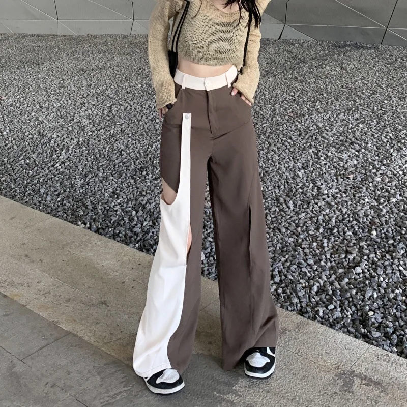 

Y2k Jeans Women's 2023 New Contrast Color Suit Pants With Irregular Splicing Wide Leg Pants High Waist Straight Leg Casual Pants