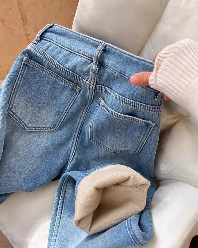 2025 Autumn/Winter Women's Jeans Vintage Narrow Fit Denim With Fleece Linings Loose Straight Wide Leg Pants 3