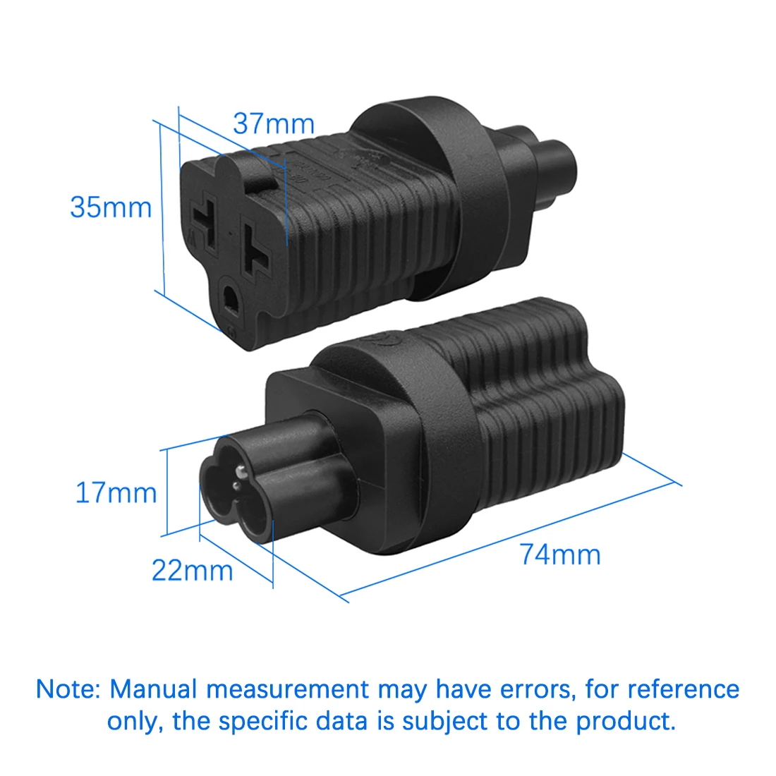JORINDO 4-in-1 IEC320 C6 to Nema 5-15R/6-15R/5-20R/6-20R comb AC power adapter, 3-pin C6 plug to T-blade AC connector