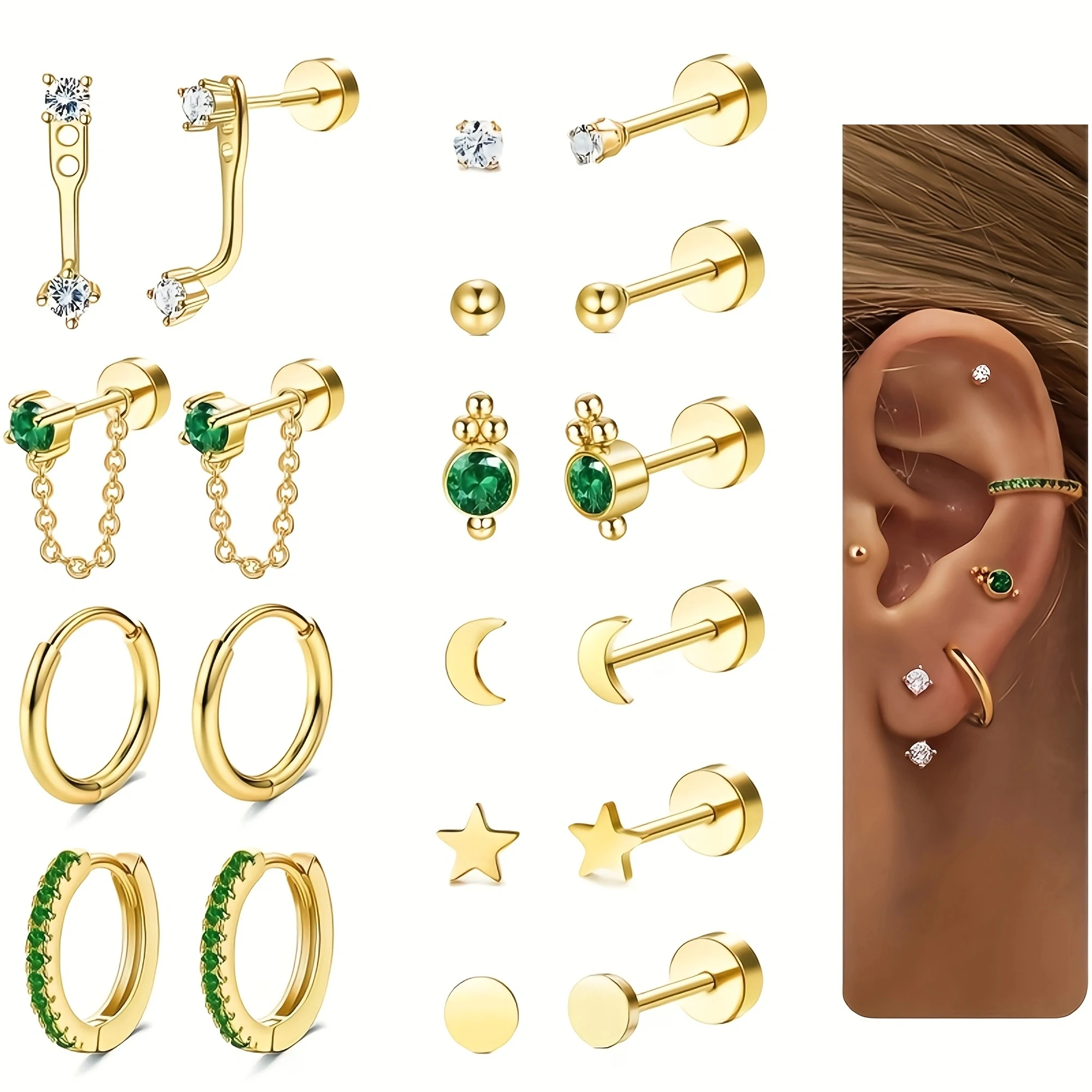 20pcs Stainless Steel Delicate Comfortable Green Gemstone Flat Back Earring Set,Hypoallergenic Small Hoop Earrings Jewelry Gifts 1
