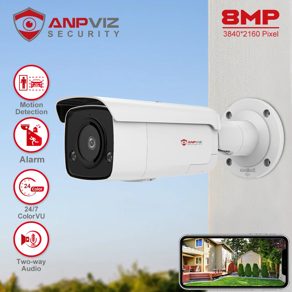 Anpviz 8MP 4K POE IP Bullet Camera Outdoor 24/7 Full Color 30m CCTV Video Surveillance IP67 Max 512GB SD Card Sound light alarm