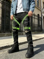 Jean vintage délavé et déchiré pour homme, avec sangle décorative amovible, fermeture éclair latérale, style streetwear Y2K, pantalon tactique hip-hop en denim. 1