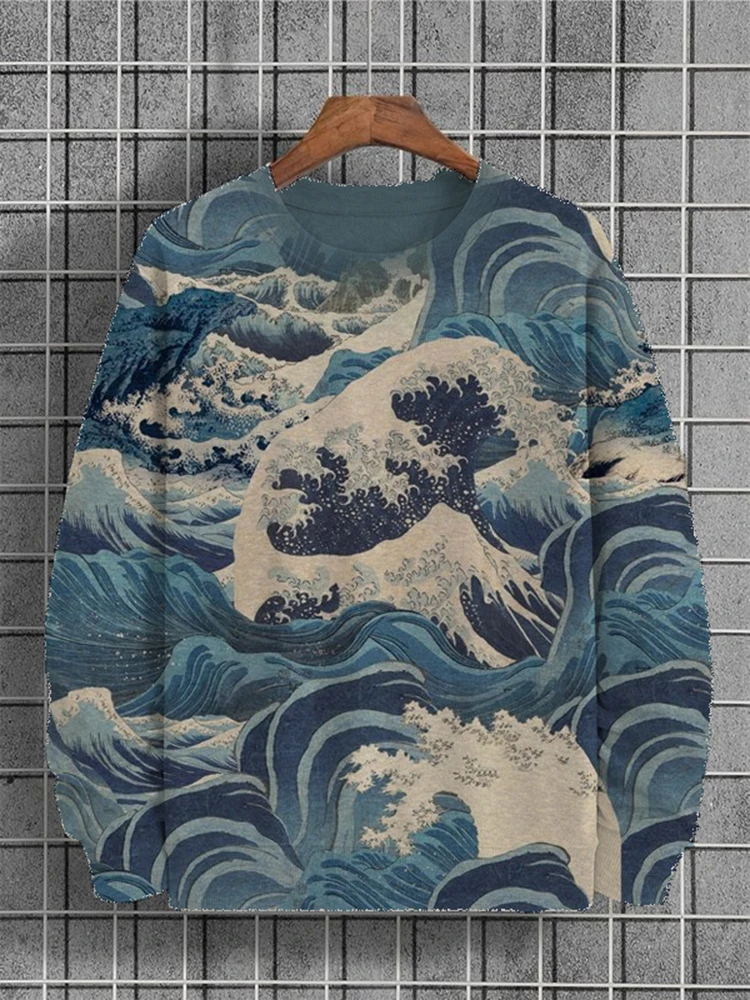 2024 Men's Long Sleeve Tops Wave Art Print Long Sleeve Soft Daily Sweatshirt