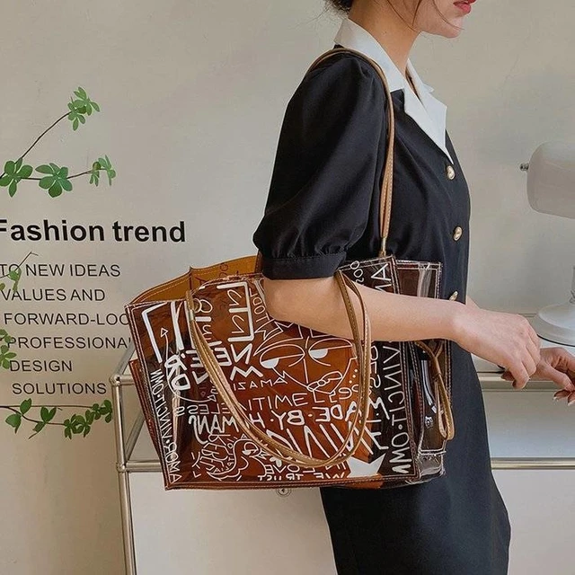 Women Fashion Transparent PVC Handbag Female Clear Brown Shoulder Bag LOVE  Letter Printing Tote Bags Summer Beach Handbags XA813