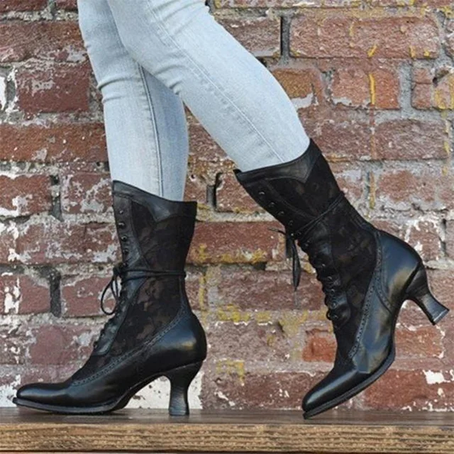 Aflngle Women's Vintage Cross Strap Flat Boots - Medieval Style Round Toe Mid-Calf Booties