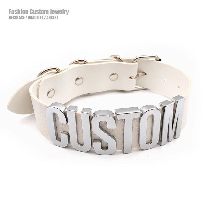 35MM White PU Leather Customized Name Letters Choker Collar Necklace Sexy Punk Personalized Buckle Chocker Cosplay Jewelry Gift
